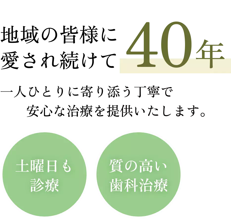 地域の皆様に愛され続けて40年。一人ひとりに寄り添う丁寧で安心な治療を提供いたします。土曜日も診療、質の高い歯科治療